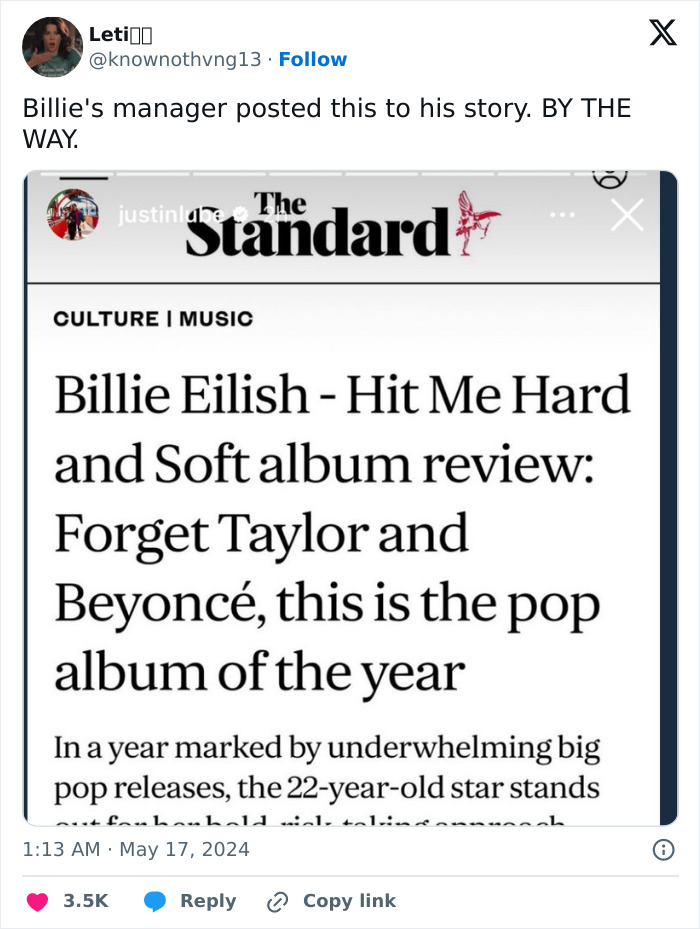 Billie Eilish’s Manager Appears To Confirm Taylor Swift Feud In Deleted Tweet Billie Eilish’s Manager Appears To Confirm Taylor Swift Feud In Deleted Tweet