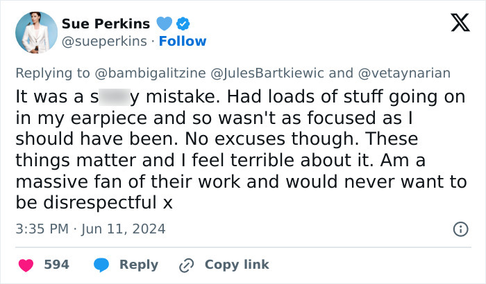 Sue Perkins Apologizes After Matt Smith Elegantly Corrects Her When She Misgenders His Co-Star Sue Perkins Apologizes After Matt Smith Elegantly Corrects Her When She Misgenders His Co-Star