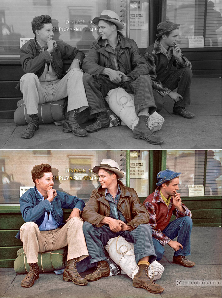 September 1941. Yakima, Washington. "Migratory Agricultural Workers In Shack Towns, Tents, And Trailers. Boys Looking For Work Wait For The Washington State Employment Service Office To Open In The Morning." Photo By Russell Lee For The Farm Security Administration