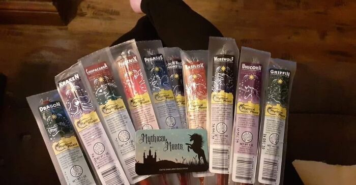 Mythical Meats packaged snack sticks with various flavors inspired by legendary creatures, a unique snack option. Mythical Meats packaged snack sticks with various flavors inspired by legendary creatures, a unique snack option.