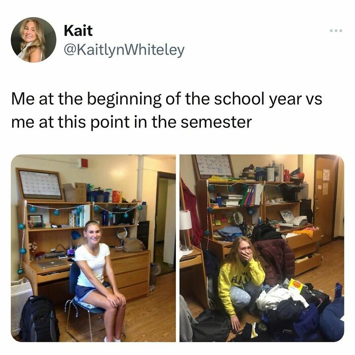 College student at the start of semester sitting neat, then messy and stressed surrounded by clutter in dorm room, relatable young adult life.