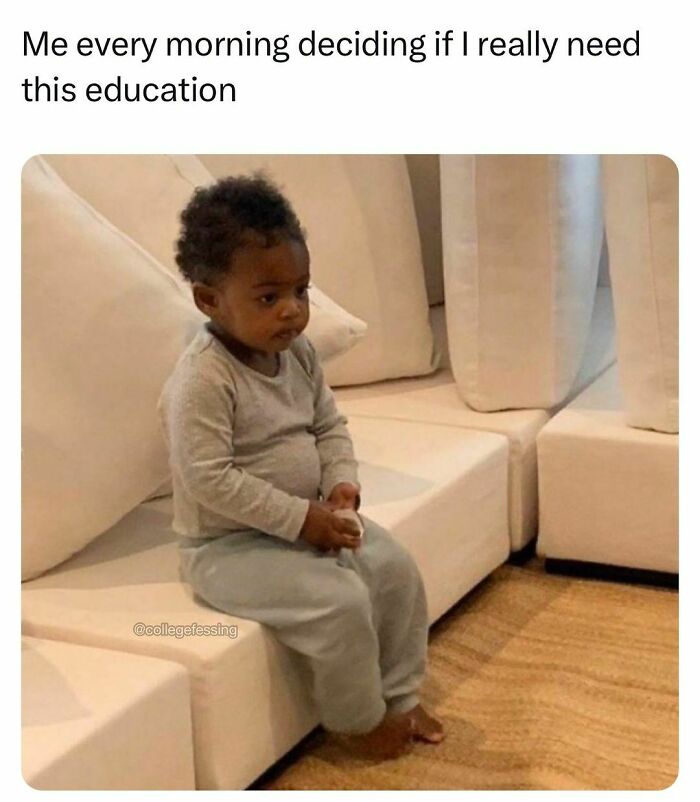 Toddler sitting on a couch looking thoughtful, illustrating students and young adults facing education doubts.