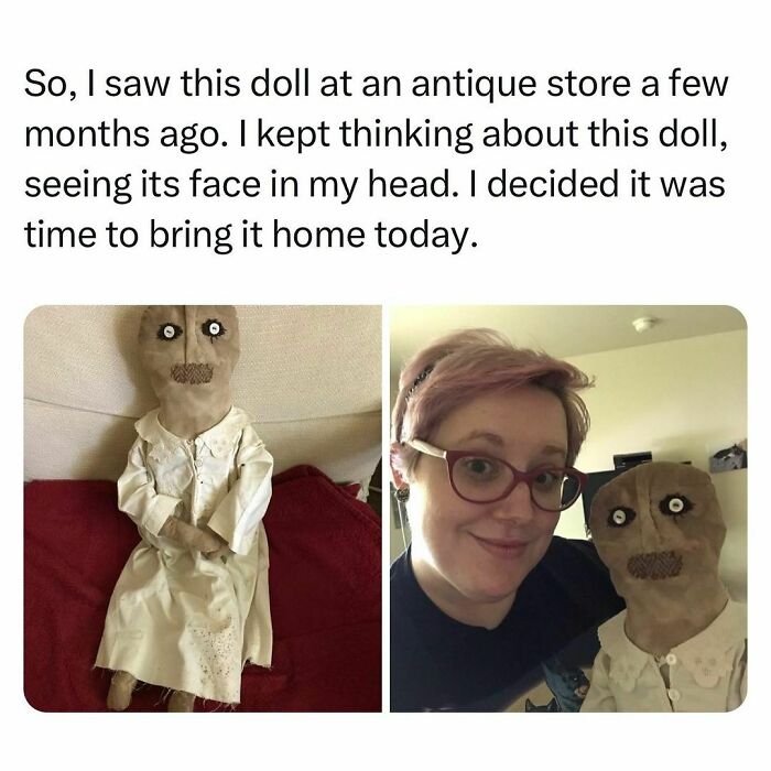 Relatable meme of a young adult bringing home an eerie antique doll after thinking about it for months.