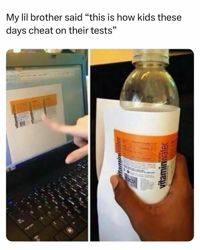 Hand holding a printed label on a water bottle compared to the same label displayed on a laptop screen, relatable student meme.