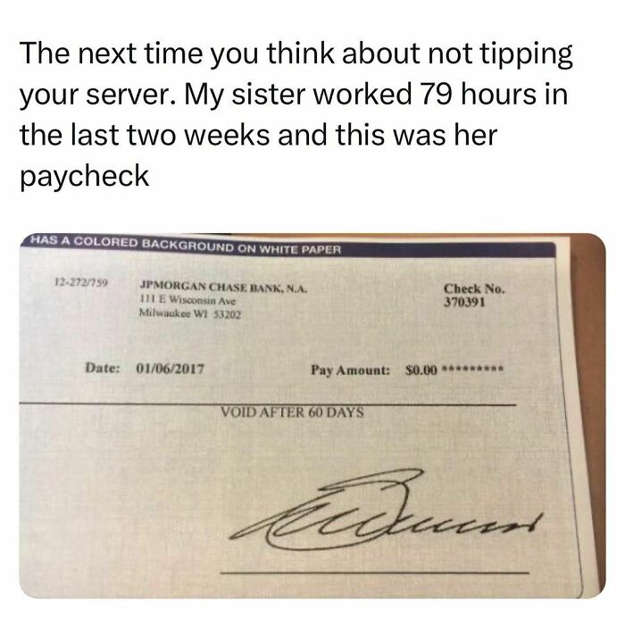 Relatable meme showing a paycheck of zero dollars highlighting struggles of students and young adults living interesting lives.
