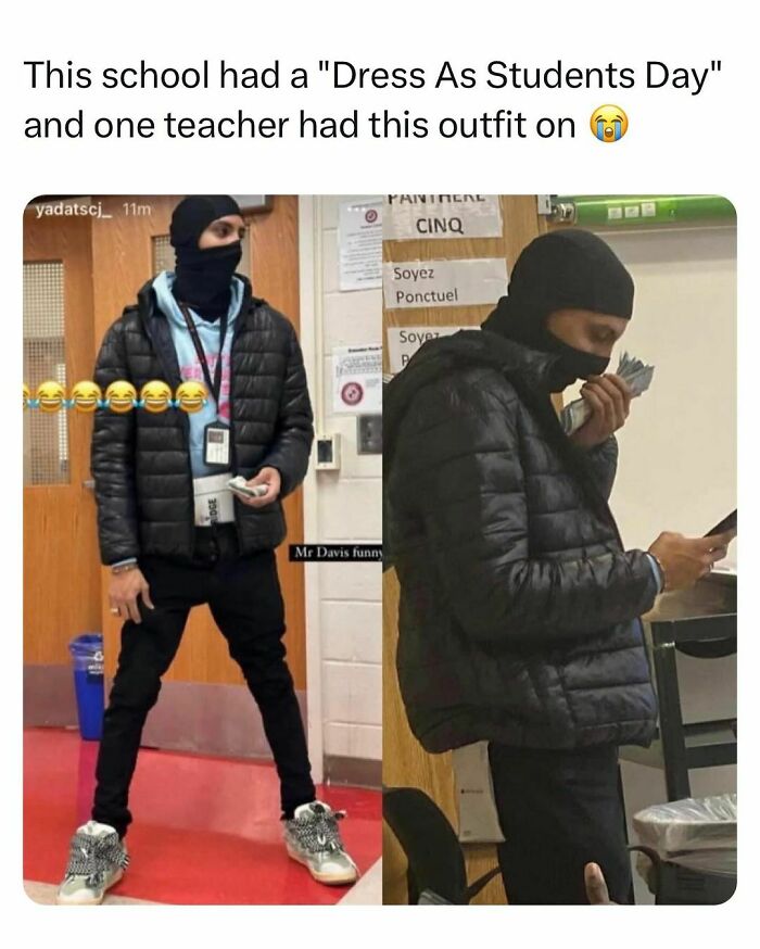 Student dressed in a black jacket and mask for dress as students day, showcasing relatable young adult fashion humor.