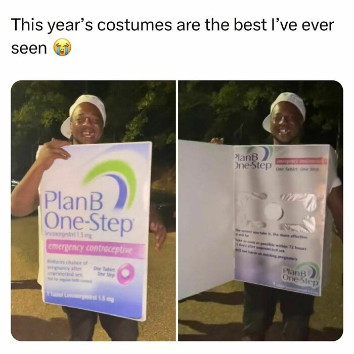 Young adult wearing creative Plan B One-Step emergency contraceptive costume, showcasing relatable student life humor.