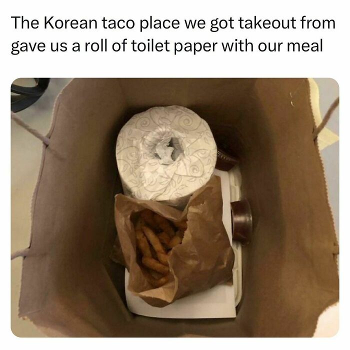 Takeout bag with food and a roll of toilet paper, illustrating relatable moments in students and young adults' lives.