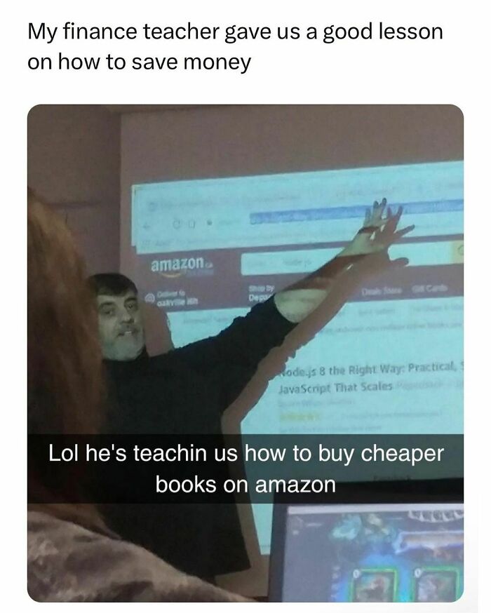 Finance teacher giving students a practical lesson on saving money by buying cheaper books online, relatable to young adults.