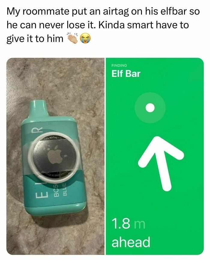 Roommate puts an AirTag on an Elf Bar vape to avoid losing it, a relatable moment for students and young adults.