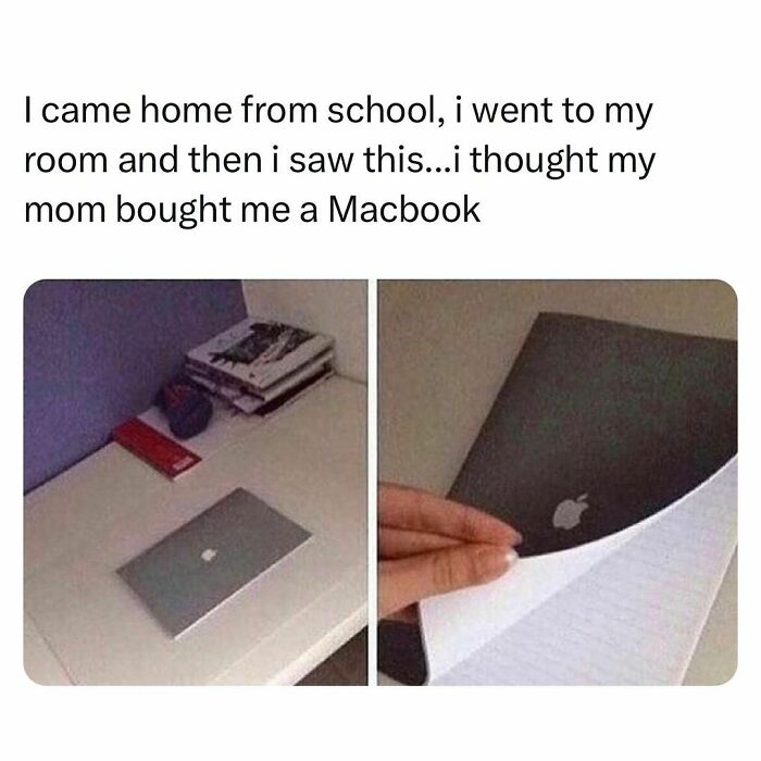 Student desk with a notebook designed like a MacBook, illustrating relatable student and young adult life memes.