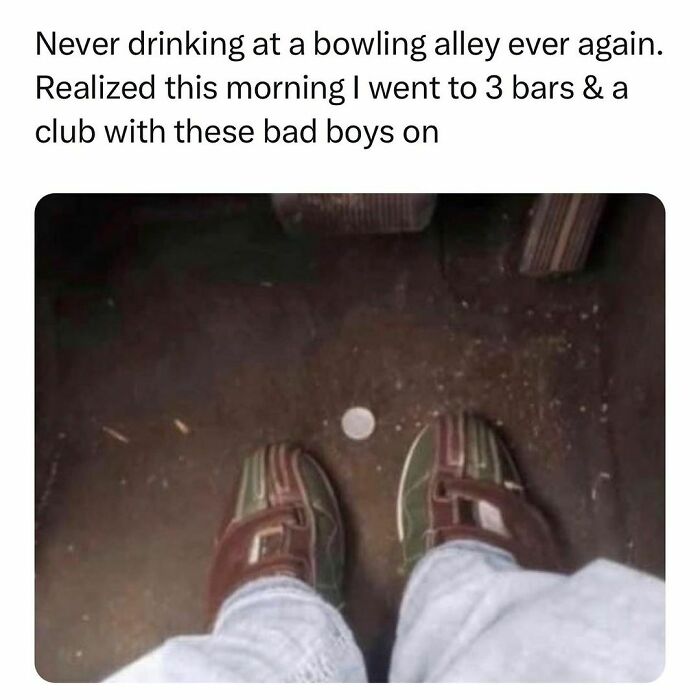 Person wearing worn shoes at a bowling alley floor, reflecting relatable moments of students and young adults' interesting lives.
