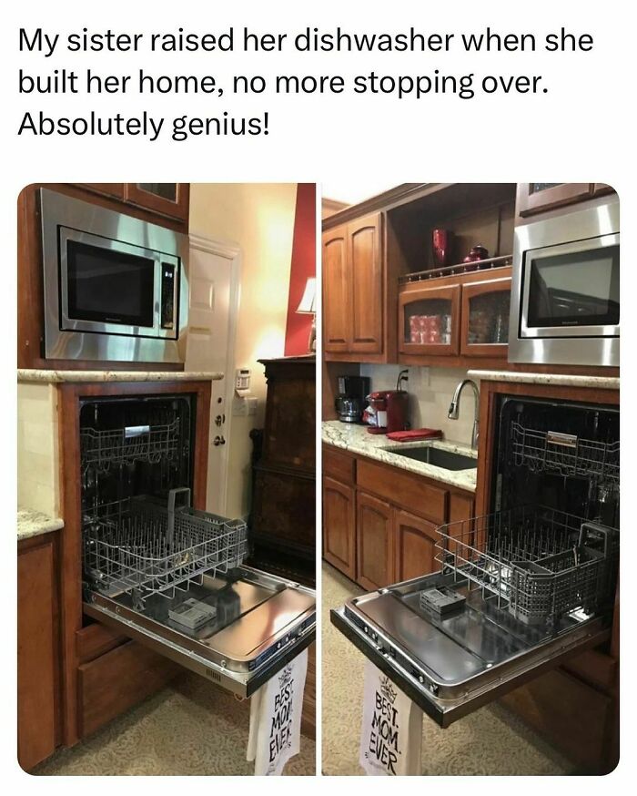 Dishwasher raised above countertop in a kitchen, showcasing a clever home design for students and young adults living interesting lives.