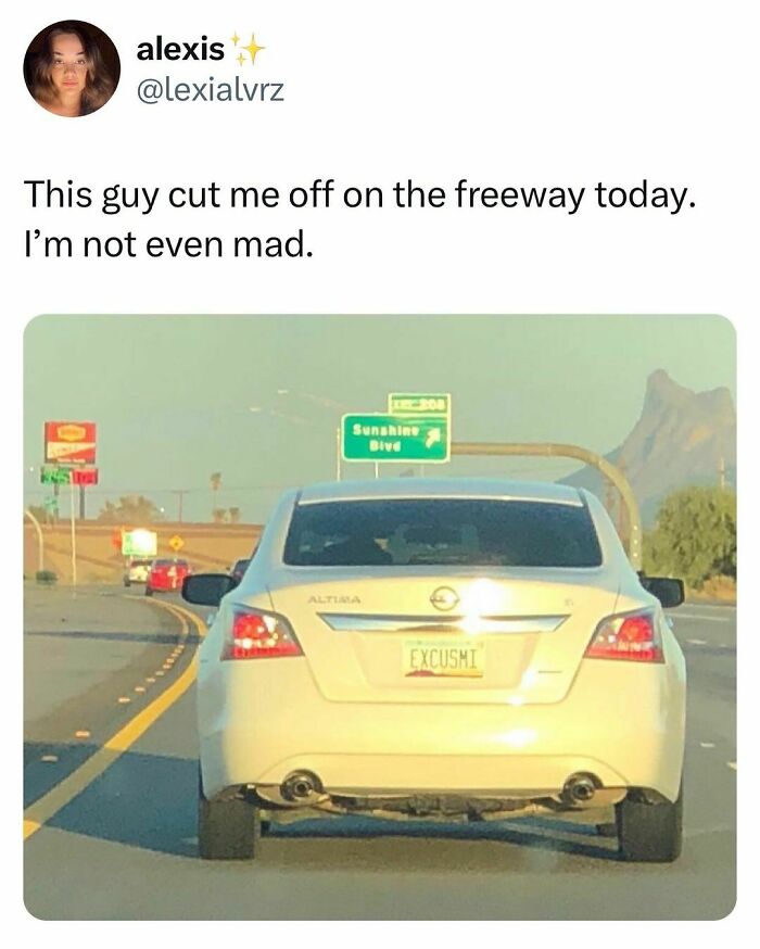 Tweet by a young adult sharing a relatable moment on the freeway with a car license plate saying EXCUSMI.
