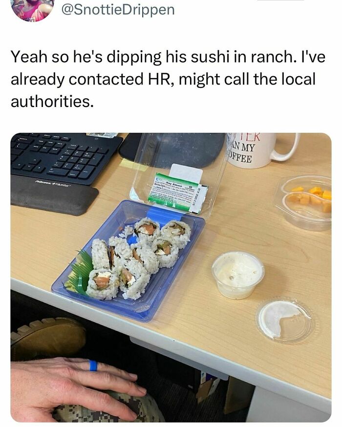 Student dipping sushi in ranch dressing at a desk, showcasing relatable moments in students and young adults' lives.