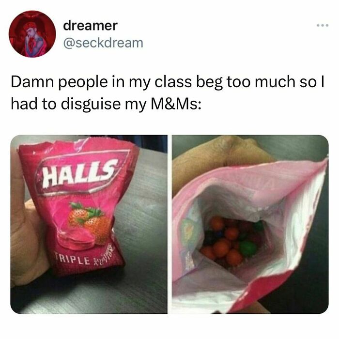 Student meme showing M&Ms disguised in a Halls candy bag, highlighting relatable moments from students and young adults.