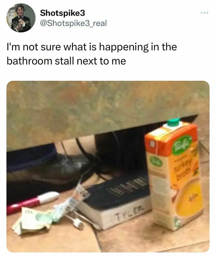 Bathroom stall scene showing a book, juice carton, money, and charger, capturing relatable moments of students and young adults.