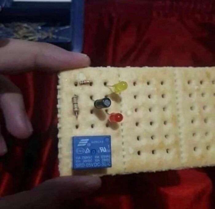 Hand holding a cracker used as a circuit board with resistors, LEDs, and a relay in a random and cringe photo.