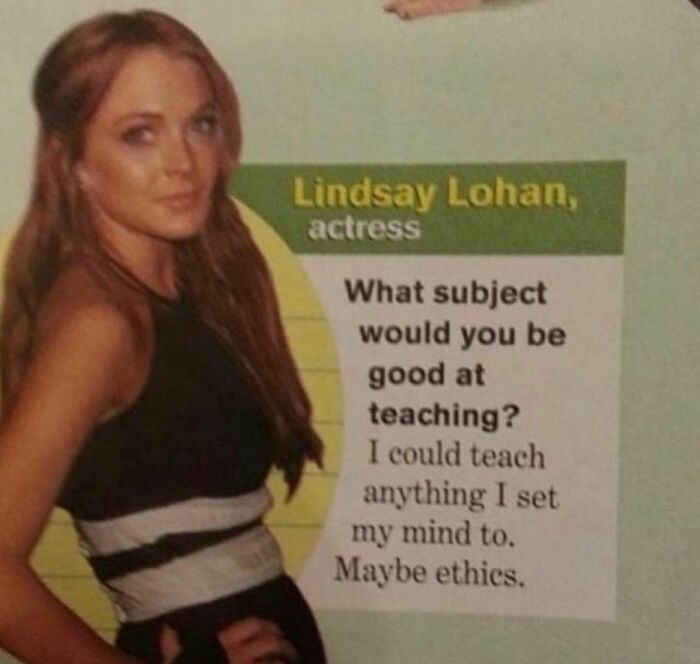 Blurry photo of a woman next to a humorous quote about teaching ethics, fitting random and cringe photos humor theme.