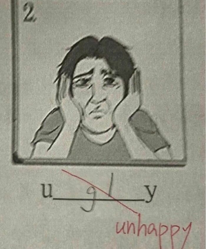 Black and white drawing of a person with hands on face, humorously corrected spelling highlighting random and cringe photos.