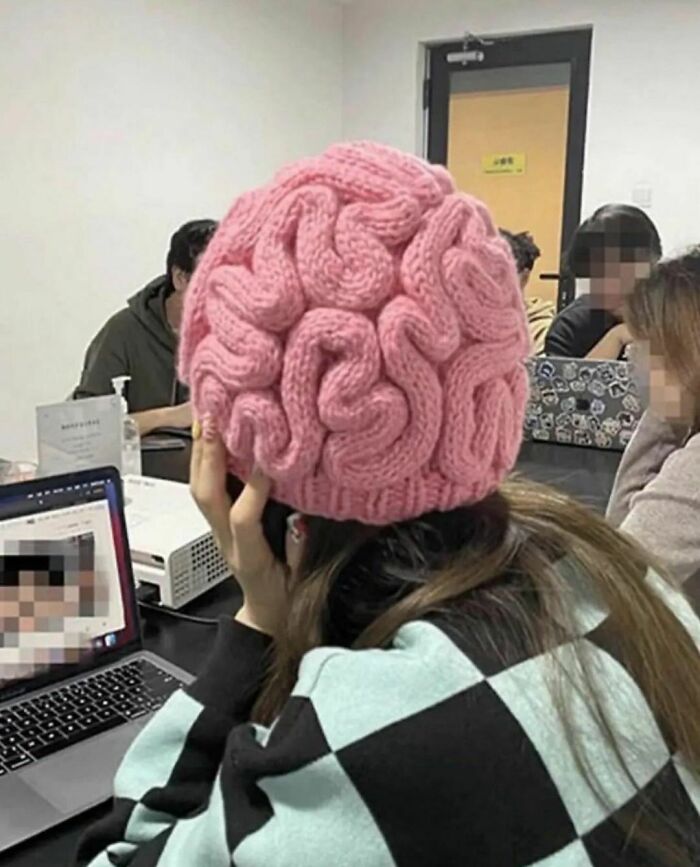Person wearing a pink knitted hat shaped like a brain, sitting at a table with laptops in a casual meeting room.
