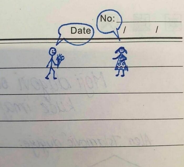 Hand-drawn stick figures jokingly interpreting form labels Date and No as a humorous photo with cringe humor style.