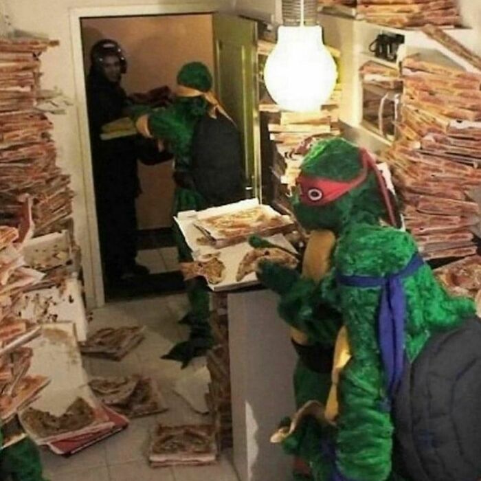 Two people in Teenage Mutant Ninja Turtles costumes handling large piles of pizza boxes in a cluttered room for random and cringe humor.