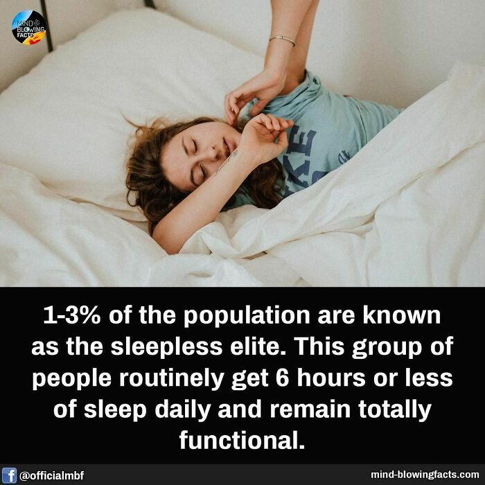Woman waking up in bed with text about the sleepless elite from mind-blowing facts about sleep and functionality.