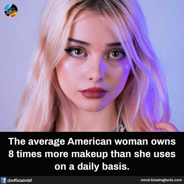 Young woman with light makeup and blonde hair illustrating mind-blowing facts about makeup usage and ownership.