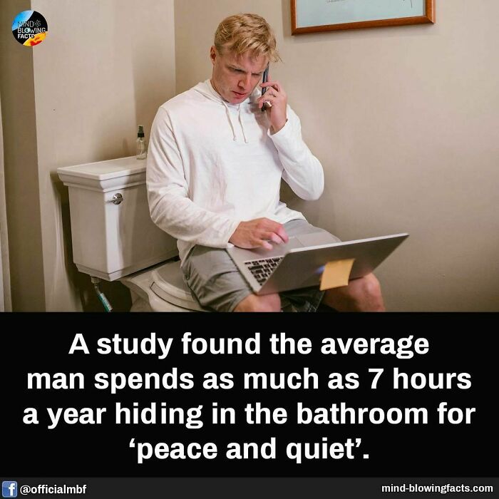 Man working on laptop and talking on phone while sitting on toilet, illustrating mind-blowing facts about bathroom time.