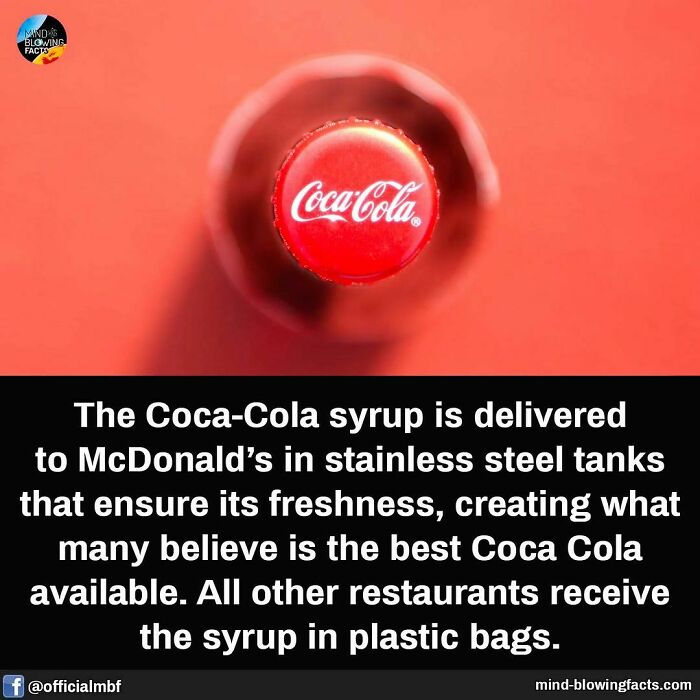 Close-up of a Coca-Cola bottle cap with a mind-blowing facts post about syrup delivery to McDonald's in stainless steel tanks.