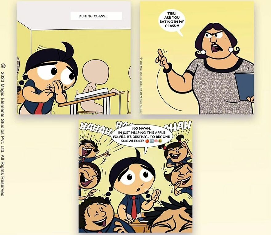Comic panels featuring a spunky eight-year-old girl named Tibu in a classroom setting with a strict teacher and laughing classmates.