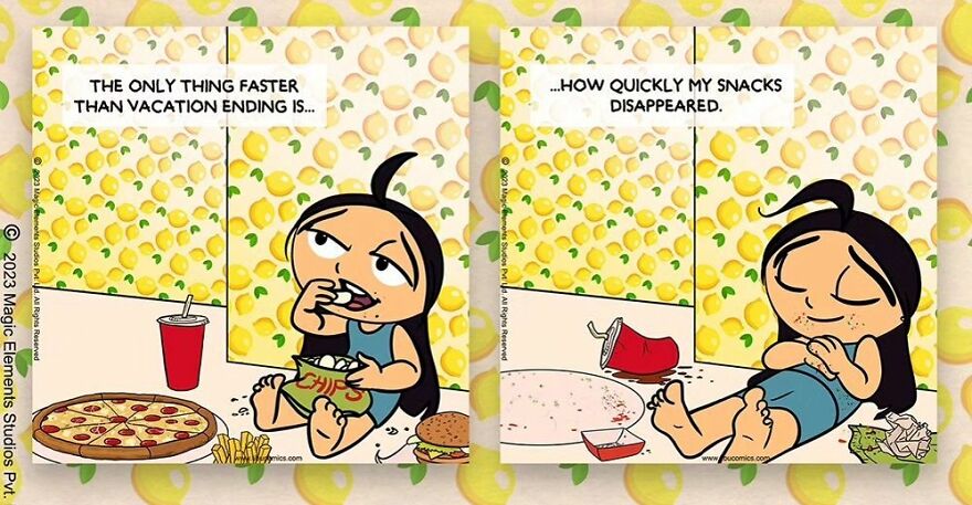 Comic panels showing a spunky eight-year-old girl enjoying snacks with a humorous vacation-themed caption.