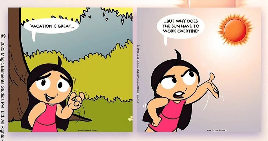 Spunky eight-year-old girl enjoying vacation in a colorful comic strip from Adventures Of Tibu series.