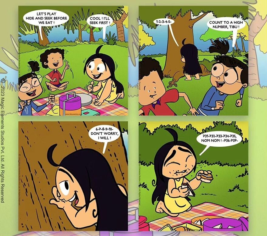 Comic panels showing Adventures of Tibu, a spunky eight-year-old girl, playing hide and seek and enjoying a picnic outdoors.