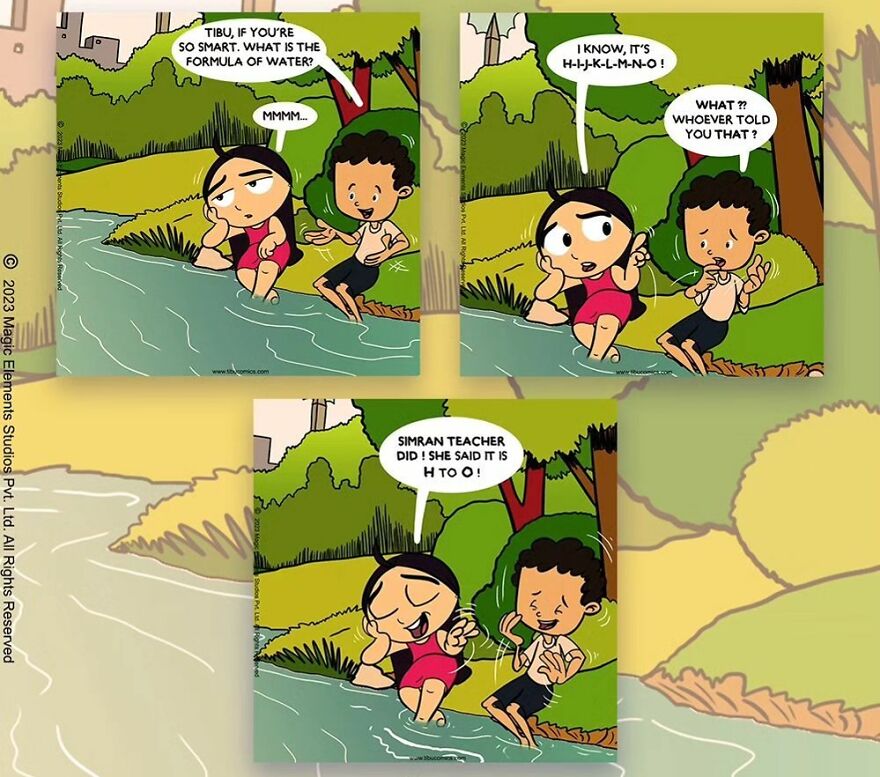 Comic panels featuring Adventures of Tibu with a spunky eight-year-old girl and a boy by a river discussing water.