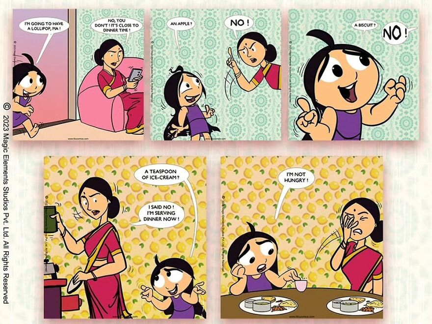 Comic strip panels showing the spunky eight-year-old girl Tibu interacting with her mother about dinner and snacks.