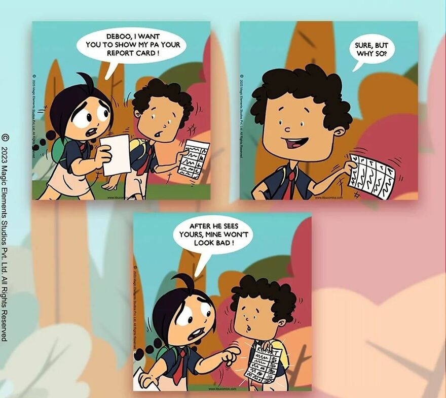 Comic panels featuring Adventures Of Tibu with kids discussing report cards outdoors in colorful cartoon style.