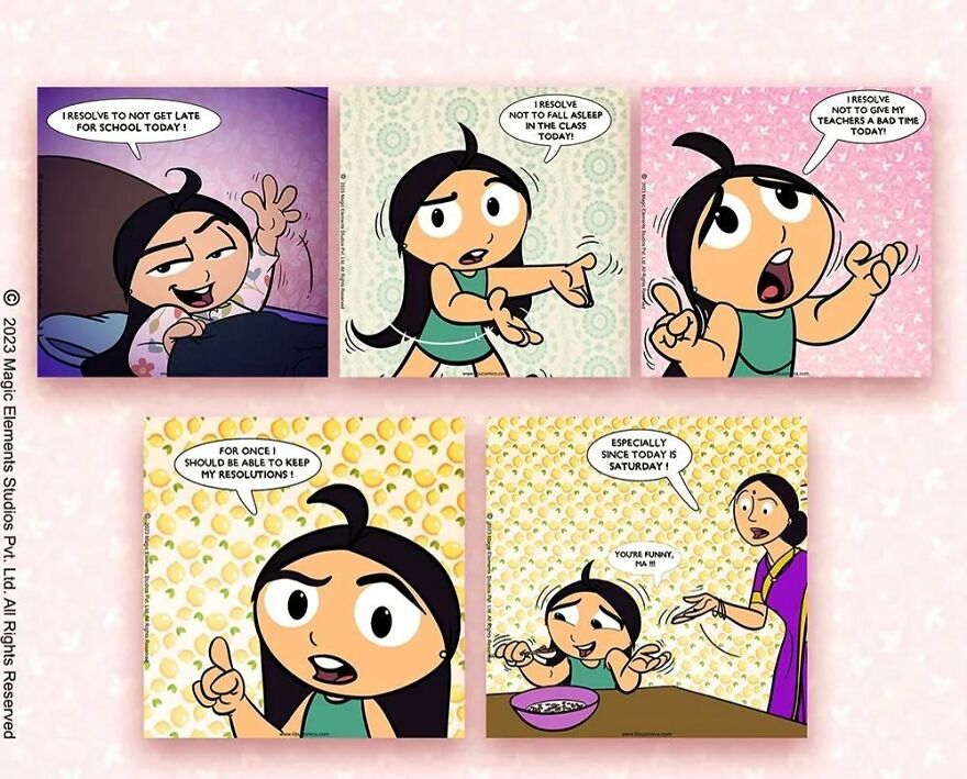 Comic strip featuring a spunky eight-year-old girl making resolutions in Adventures Of Tibu series.