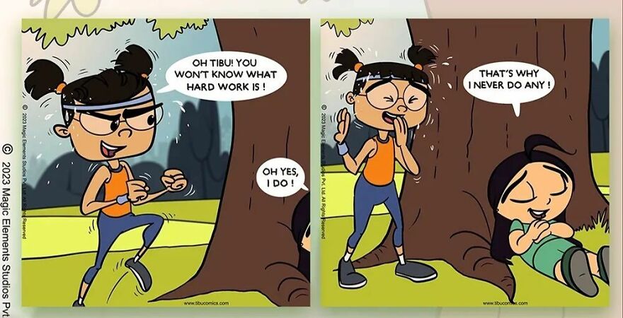 Comic panels showing a spunky eight-year-old girl named Tibu interacting humorously with a friend under a tree outdoors.