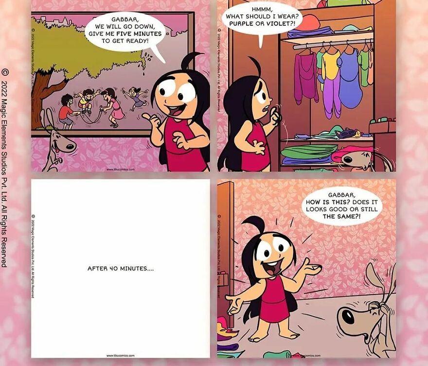 Comic panels featuring a spunky eight-year-old girl deciding outfits with her dog in Adventures Of Tibu series.