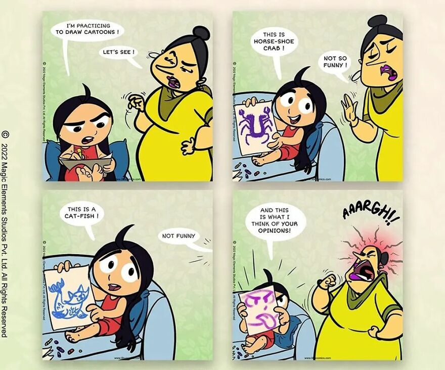 Comic strip featuring a spunky eight-year-old girl practicing drawing cartoons, capturing Adventures Of Tibu.