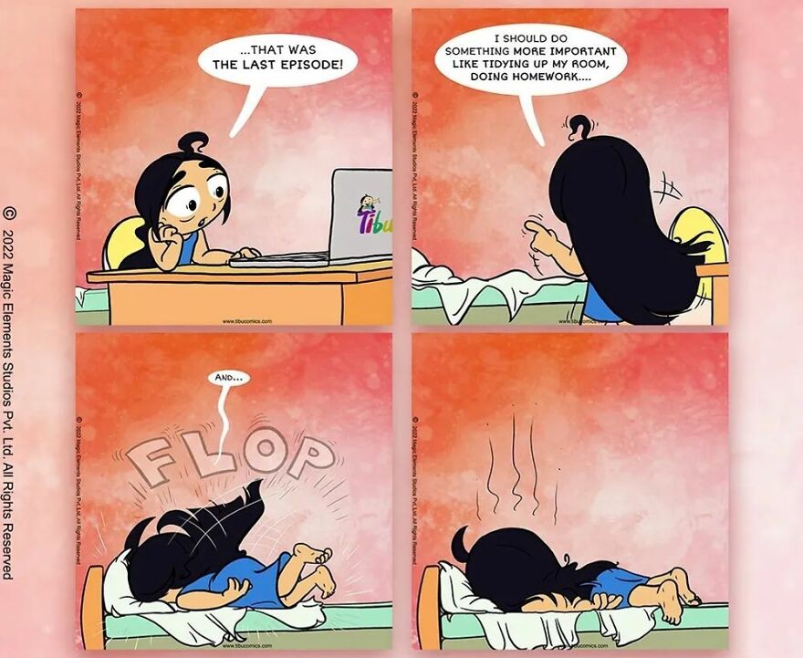 Comic strip of a spunky eight-year-old girl from Adventures Of Tibu flopping on bed after finishing last episode.