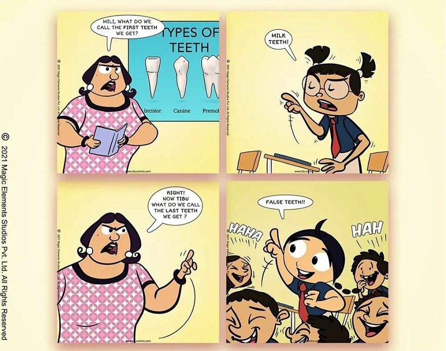 Comic panels from Adventures Of Tibu featuring a spunky eight-year-old girl in a classroom setting about teeth types.