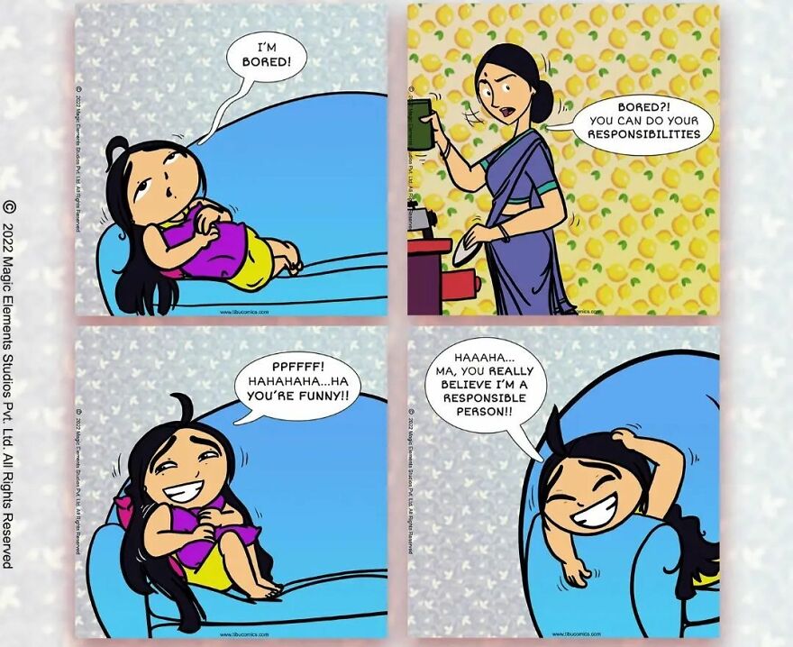 Comic strip featuring a spunky eight-year-old girl expressing boredom and humor in daily life adventures.