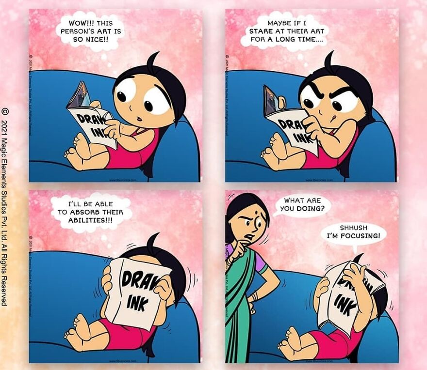 Comic panels showing a spunky eight-year-old girl reading and focusing on a drawing, from Adventures Of Tibu series.