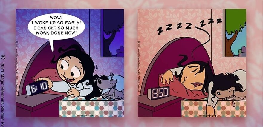 Comic panels showing a spunky eight-year-old girl waking early with her dog, then falling asleep again in Adventures of Tibu.