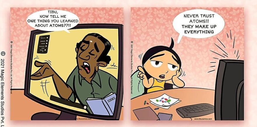 Comic featuring a spunky eight-year-old girl named Tibu sharing a funny science lesson about atoms.