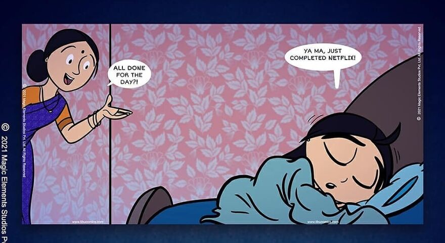 Comic panel from Adventures Of Tibu showing a spunky eight-year-old girl wrapped in a blanket talking to her mother.
