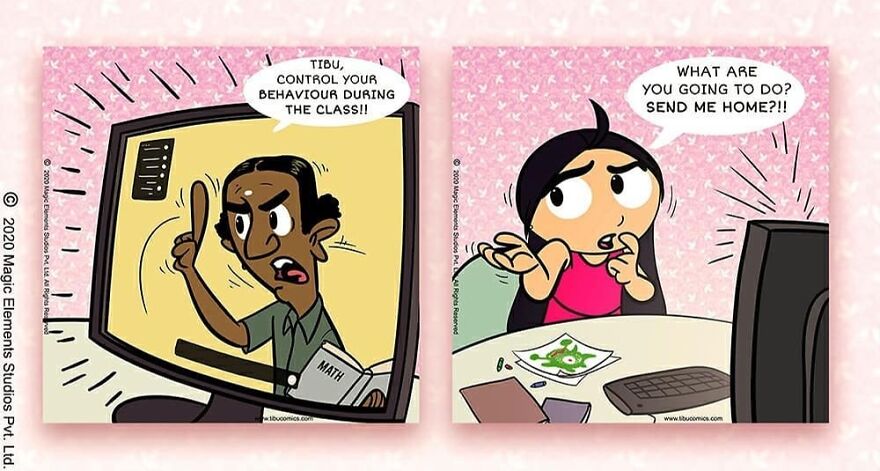 Comic strip featuring Tibu, a spunky eight-year-old girl, interacting with a teacher during an online class.